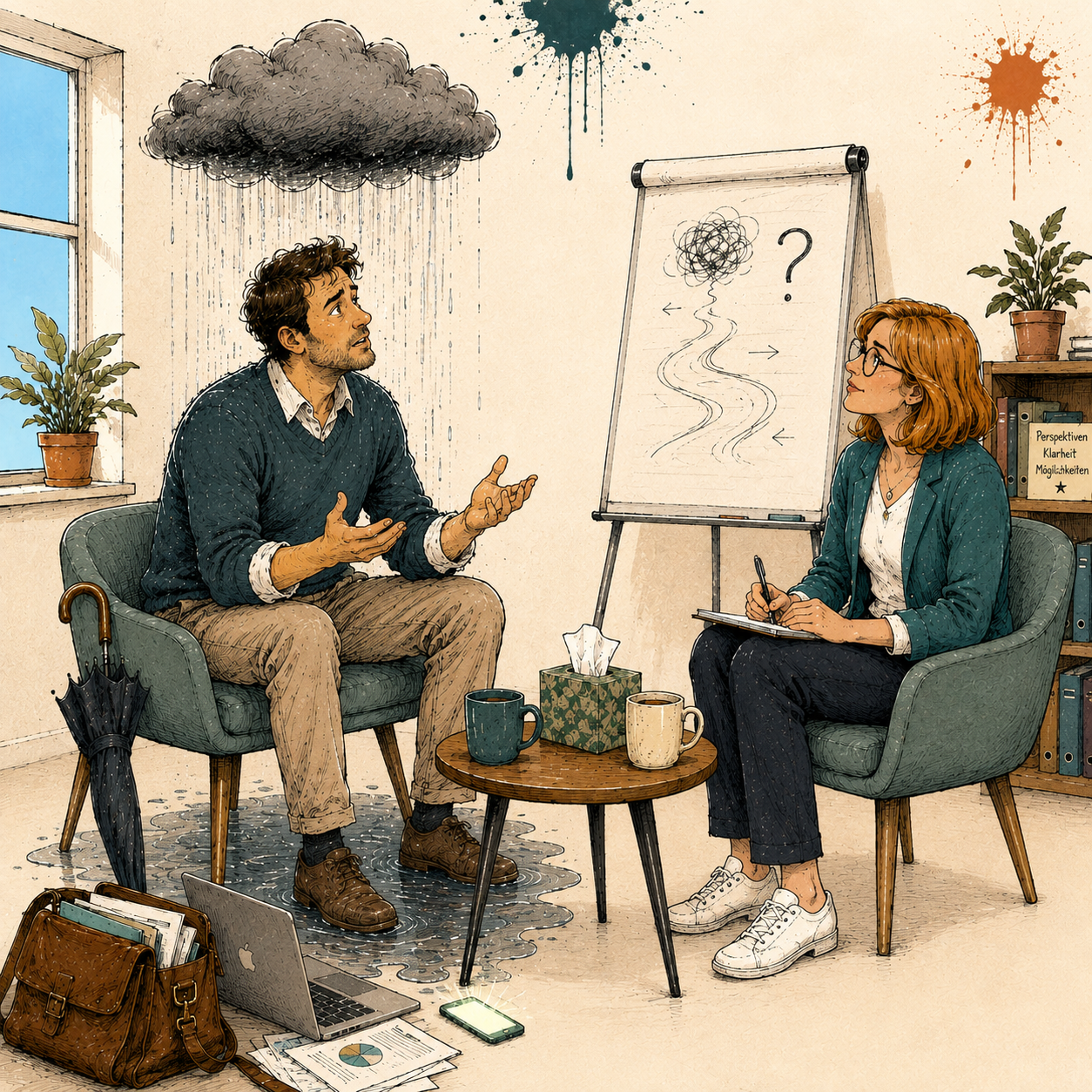 Bild einer Coaching-Situation mit einem verzweifelt aussehenden Mann unter einer Regenwolke und einer zuhörenden Frau