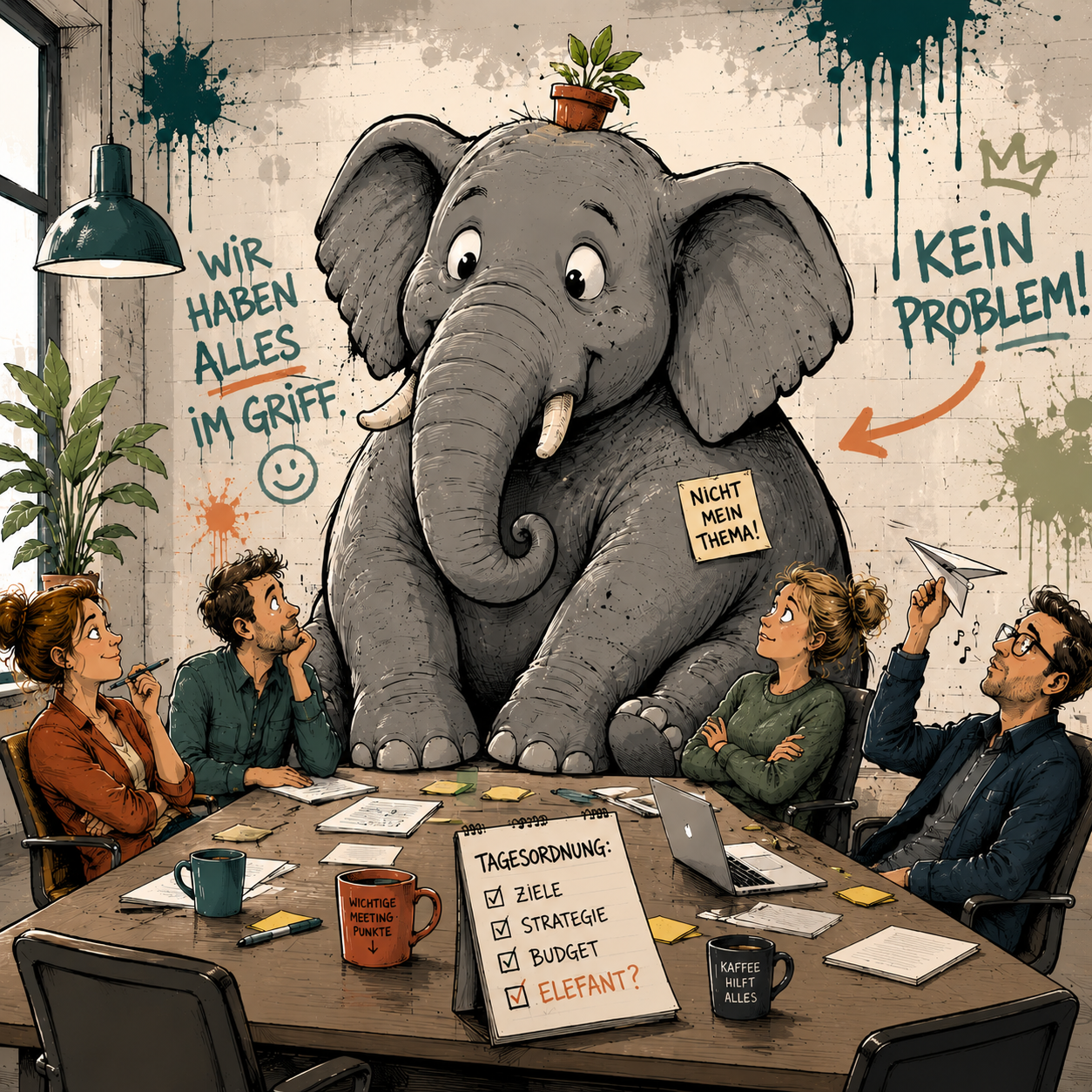 Illustration im Grafitti-Stil von einem Geschäftsmeeting, bei dem ein Elefant mit im Raum sitzt.