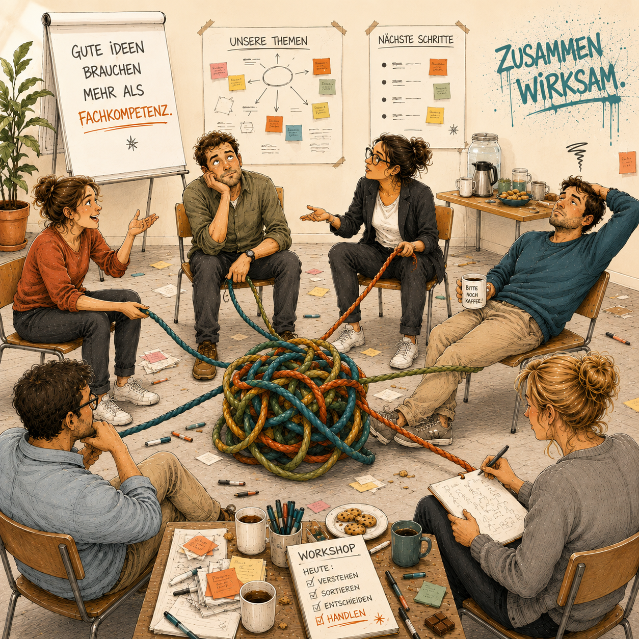 Situation aus einem Business Workshop, bei dem 6 Menschen einem Stuhlkreis sitzen und Seilenden halten, die in der Mitte zu einem dicken Knäul führen.